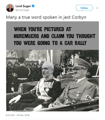 Alan sugar tweets image showing Jeremy Corbyn next to Adolf Hitl